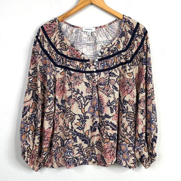 Everve Peach & Navy Paisley Peasant Button Front Blouse - Picture 2 of 8